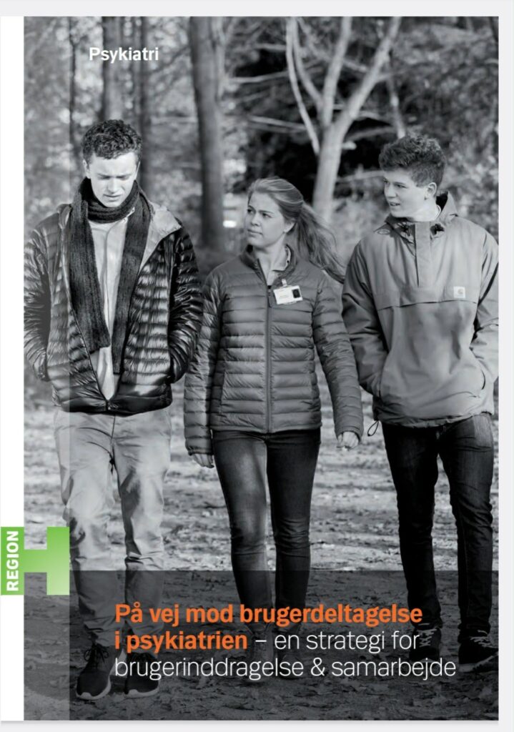 Cover til rapporten Region Hovedstadens Psykiatri. På vej med brugerdeltagelse i psykiatrien – en strategi for brugerinddragelse og samarbejde (København, 2014)